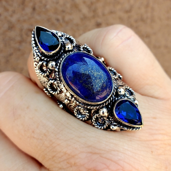 New Lapis Lazuli & Blue Topaz 925 Silver Statement Ring. - Picture 2 of 11